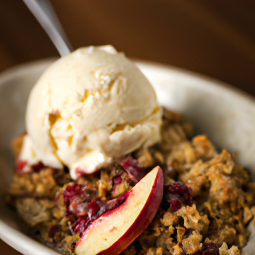 A golden-brown apple cranberry crisp with a crunchy oat topping, served with a scoop of vanilla ice cream