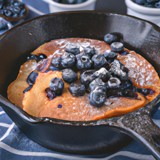 Fluffy Dutch oven blueberry pancakes topped with fresh blueberries and a drizzle of maple syrup.