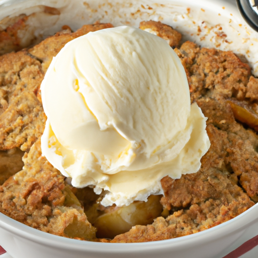 A scrumptious Dutch oven apple crisp topped with a scoop of vanilla ice cream