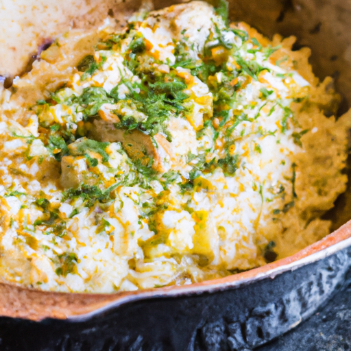 Creamy chicken and rice dish garnished with fresh herbs in a Dutch oven.