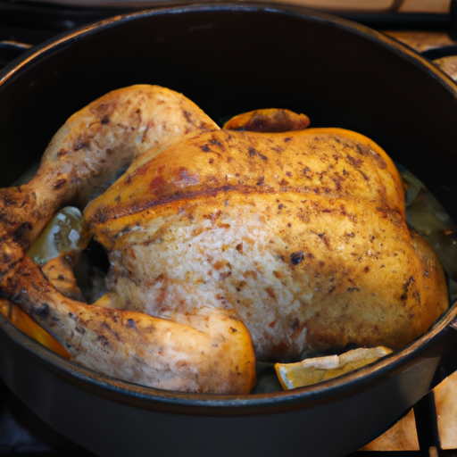 A golden brown lemon herb roasted chicken in a Dutch oven